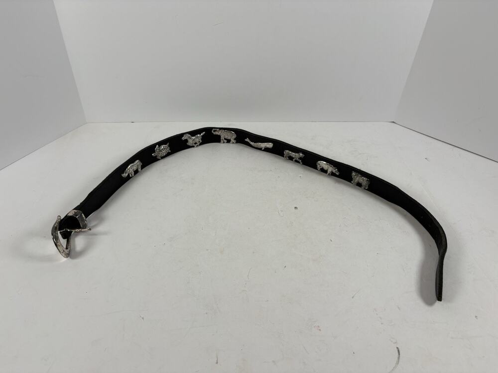 Vintage Leather Animal Concho Belt Rhino Turtle Horse Elephant Size 32 Black